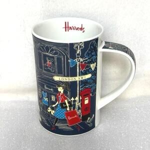 Harrods London Knightsbridge Mug Fine Bone China Made England Navy Red Umbrella
